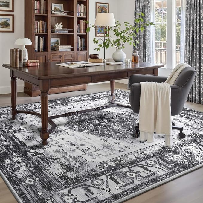 Large Washable 6x9 Area Rug, Grey Vintage Floral Rugs for Living Room, Non Slip Low Pile Carpet for Bedroom Dining Room, Thin Indoor Carpet for Office Classroom
