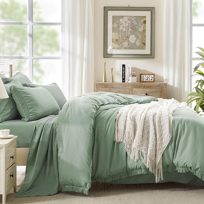 Andency Queen Comforter Set with Sheets Sage Green -7 Pieces Boho Tassel Bed in a Bag Soft Lightweight Bedding Sets, All Season Fringe Bed Set with Comforter, Sheets, Pillowcases & Shams