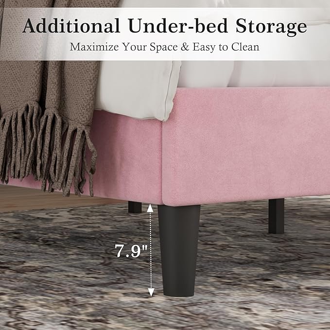 VECELO Queen Bed Frame with Upholstered Headboard, Heavy-Duty Platform Bedframe with Strong Wooden Slats Support, No Boxing Spring Needed, Pink