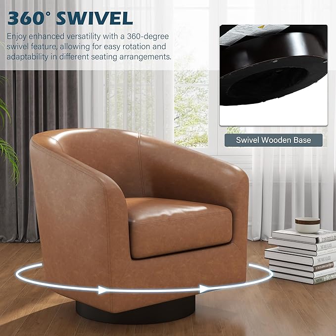 UIXE PU Leather Swivel Accent Chairs Set of 4, Barrel Club Chair Upholstered Armchair for Living Room - Brown