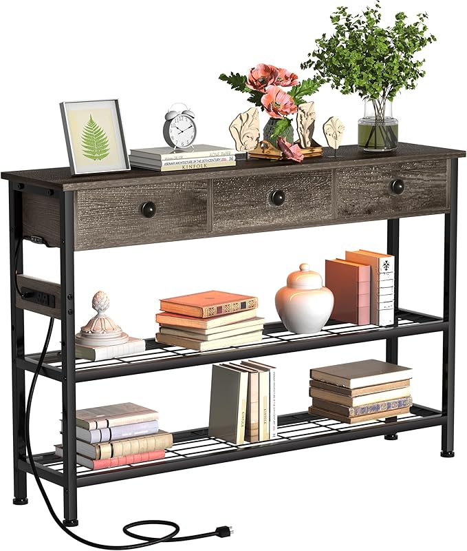 47" Entryway Table with Outlets: Console Table with Storage Shelves, USB Ports, LED Light Strip, and 3 Wood Drawers for Sofa, Living Room, Hallway, Foyer, Couch, TV and Aquarium Stand