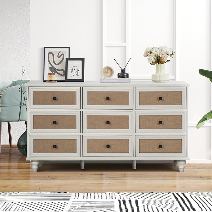 9 Drawer Dresser for Bedroom, Mid Century Modern Wide Wood Rustic Chest of Drawers Wooden Storage Organizer Dressers with Burlap Rattan Drawers for Living Room, Hallway Closet, Entryway, Beige White