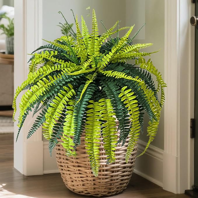 Polyester Artificial Boston Fern Bush,Set of 4,Fake Fern Hanging Plants UV Resistant That Look Real for Outdoors and Home Decor. (36" 4Pcs-Yellow Green)