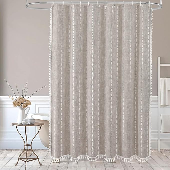 MitoVilla Boho Extra Long Shower Curtain 72 x 84, Tan 84 inch XL Polyester Linen Tassel Fabric Shower Curtain Set with Hooks for Vintage Country Farmhouse Bathroom Decor, Thick & Wrinkle Resistant