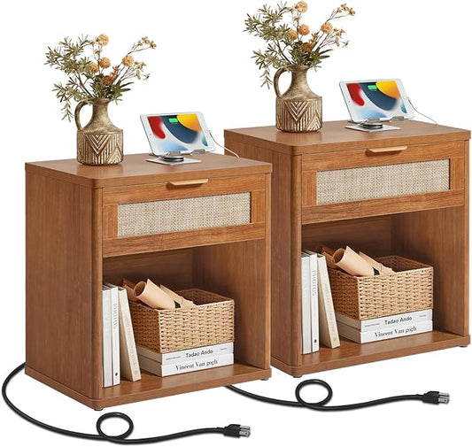 LEYAOYAO Rattan Nightstands Set of 2 with Charging Station, 23" Wide Boho Night Stand with Drawer, Natural Wood Bedside Table Open Cabinet, Bed Side End Table Dresser for Bedroom, Living Room, Hallway