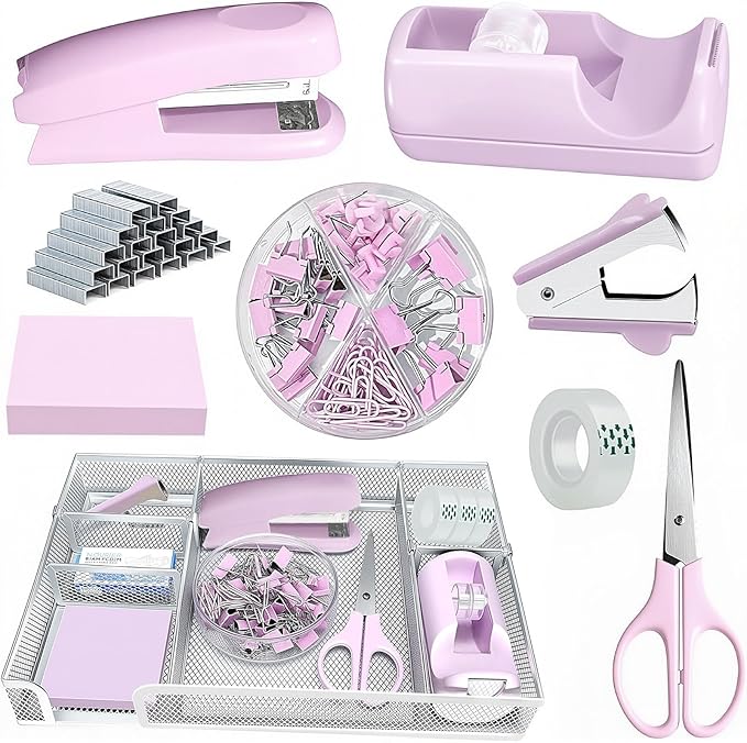 Purple Office Desk Accessories,Purple Office Supplies Set, Desk Drawer Organizer,Stapler and Tape Dispenser Set,Tape,Staple Remover, Staples, Paper Clips, Scissor and Sticky Note