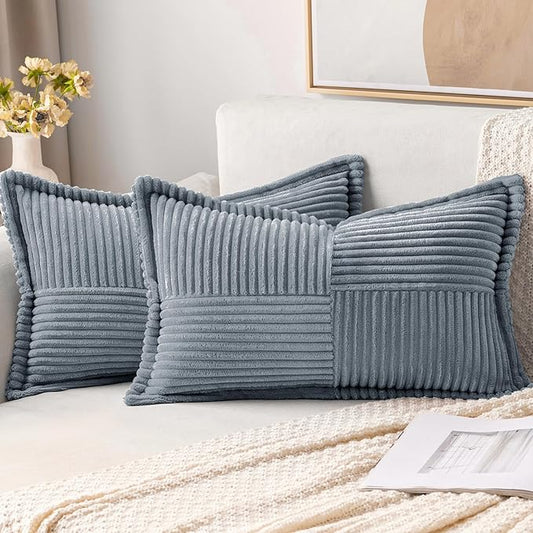 MIULEE Decorative Lumbar Throw Pillow Covers for Couch Bed Livingroom 12x20 Inch Set of 2 Dustyblue Boho Accent Throw Pllows Broadside Striped Patchwork Soft Corduroy Pillowcases