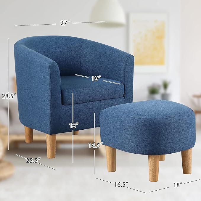DAZONE Accent Chair Set of 2 Mid Century Modern with Ottoman Comfy Armchair Footrest Comfortable Living Room Chairs Upholstered Barrel Round Club Tub Sofa for Bedroom Reading Blue (D79402)