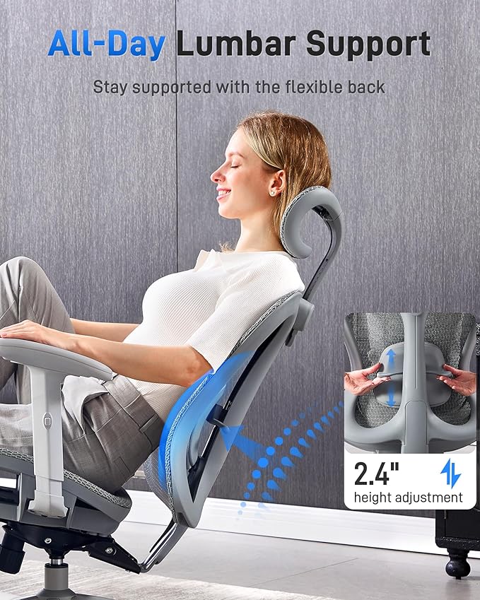 Ergonomic Office Desk Chair, Comfortable Computer Gaming Chair, Breathable Mesh Back & Seat, Adjustable Armrest & Headrest, Lumbar Support, Butterfly Design for Home Office (Gray)