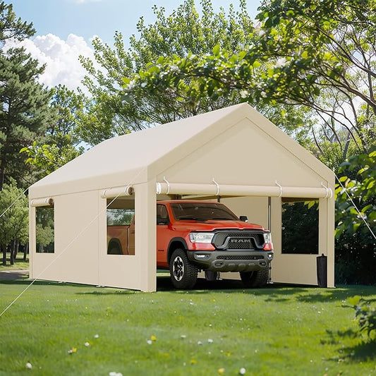 JY QAQA Carport, 10x20 FT Heavy Duty Carport with Removable Side Walls and Doors, Portable Garage with Roll-Up Window and Sandbags, Car Canopy with All-Season Tarp for Cars, Trucks, Boats, Khaki