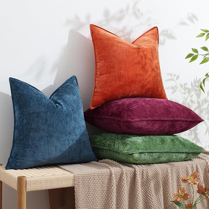 decorUhome Couch Throw Pillow Covers 18x18 Set of 2, Decorative Soft Euro Neutral Chenille Pillow Covers with Elegant Design for Sofa Bed Living Room Home Decor, Poseidon