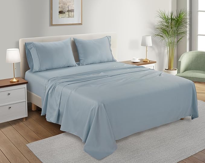300 Thread Count 100% Organic Cotton Twin Bed Sheets Set,15" Deep Pocket Light Blue Sheets Twin, Soft & Comfy Machine Washable Luxury Blue Bedding, No Pilling & Shrinkage Fade Resistant Premium Cotton