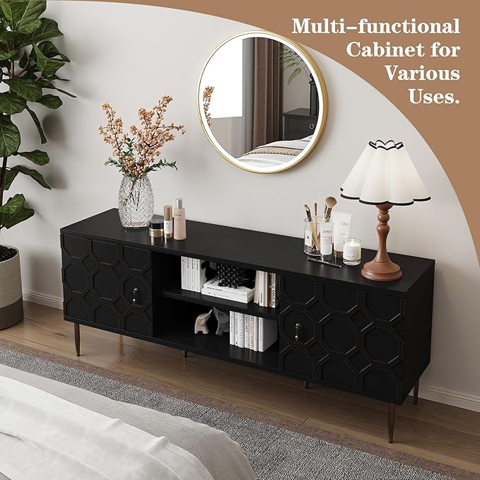 Modern TV Stand for 65/70inch TV, Entertainment Center with Storage Cabinet and Open Shelves, Embossed Pattern TV Stand, TV and Media Console for Living Room, Bedroom, Black