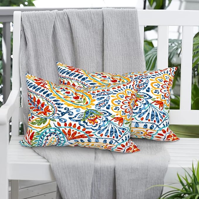 Pack of 2 Outdoor Lumbar Pillow Covers, All Weather Cushion Pillow Cases 12x20 Inch, Pillowcase for Patio Couch Decoration, Paisley Multi