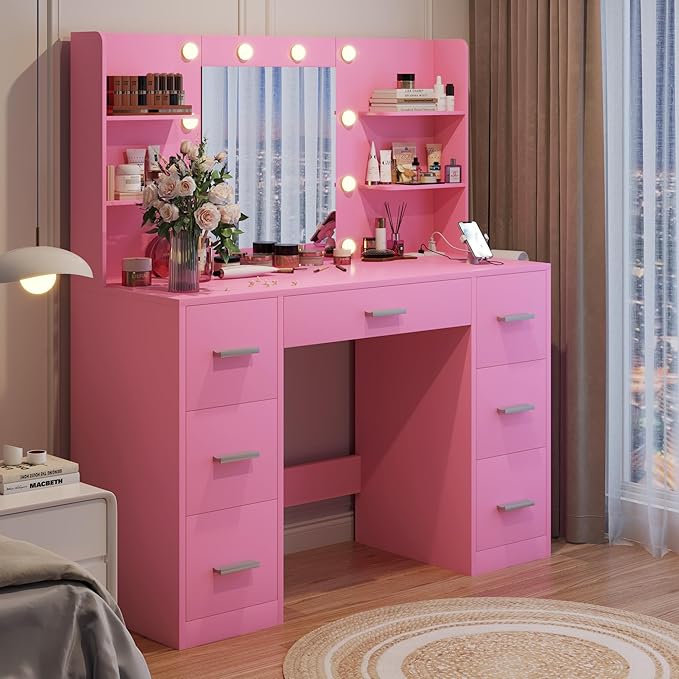 YESHOMY Vanity Desk with Mirror, Power Outlet and 10 Lights, Makeup Table with 7 Drawers, 3 Color Modes Available for Bedroom, Light Pink