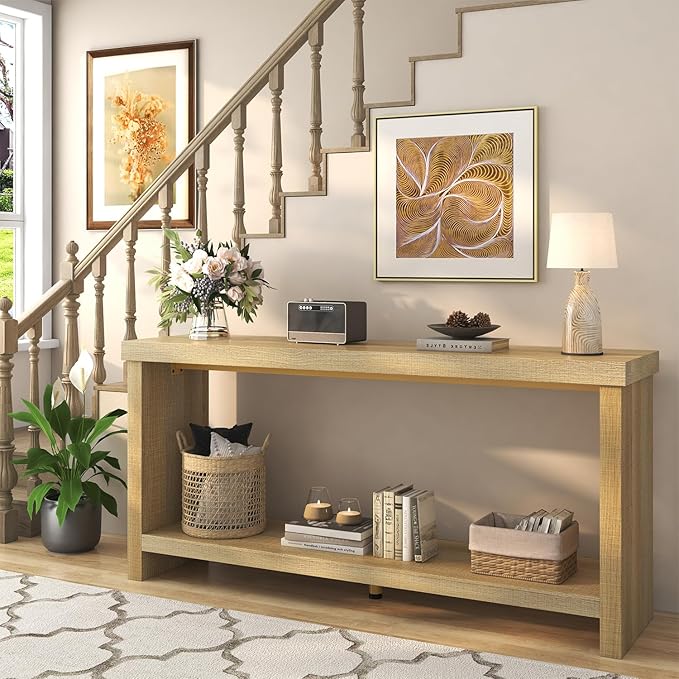 63 Inches Narrow Console Table, 2-Tier Long Sofa Tables Behind Couch Table, Farmhouse Foyer Tables for Entryway, Hallway, Living Room, Oak Natural