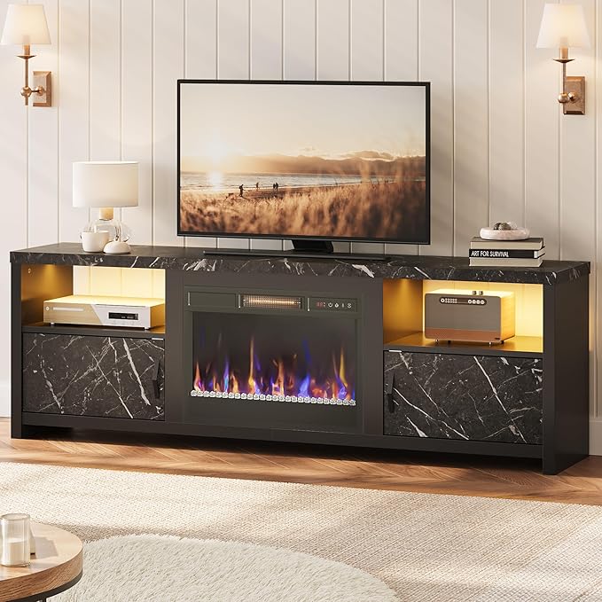 Bestier 70" Electric Fireplace TV Stand for TVs Up to 75", Modern Entertainment Center with Storage Cabinets, LED Lights, Open Shelves and Cable Holes for Living Room, Black Marble