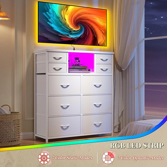 White Dresser for Bedroom with Charging Station and LED and 10 Fabric Drawers, Sturdy Tall Chest of Drawers with 2 Open Storage Shelves Storage Tower for Closet, Hallway