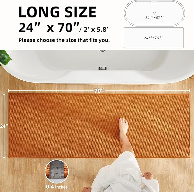 Bathroom Runner Rug - Non Slip, Washable, Super Absorbent Chenille Bath Mat for Bathroom - Quick Dry, Low Pile - Orange 24"x70"