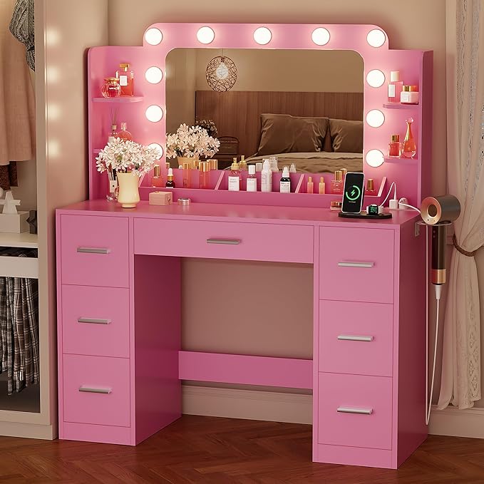 YESHOMY Vanity Desk with Large Lighted Mirror, Power Outlet and 11 Lights, Makeup Table with 7 Drawers and 3 Desktup Storage Units, 3 Color Modes Available for Bedroom, Pink