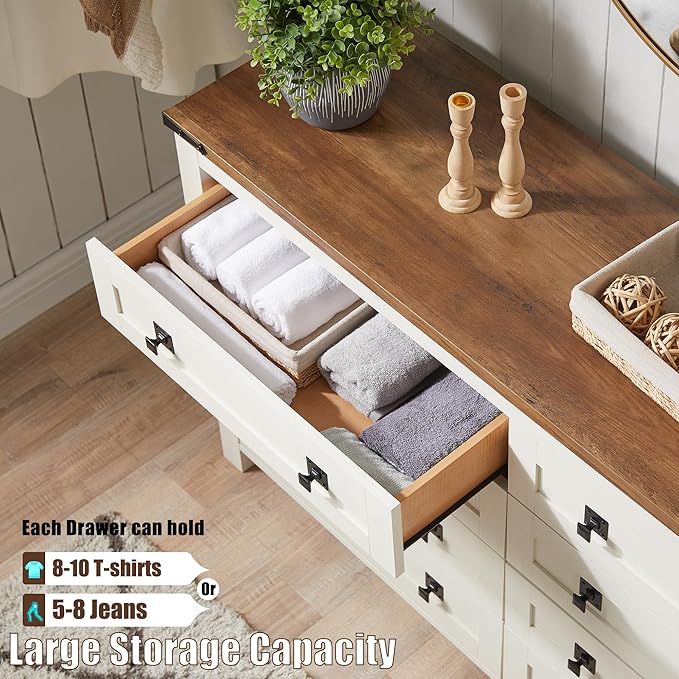 T4TREAM Farmhouse 8 Drawers Dresser for Bedroom, Rustic Wood Wide Double Dresser TV Stand for Living Room, Hallway, Antique White