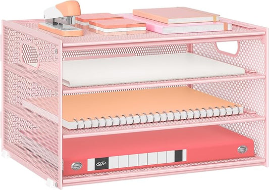 Lavatino 3-Tier Letter Tray Desk Organizer, Mesh Metal Paper File Tray Organizer for Desk, Office Supplies & Home Organization, Fits A4 Paper, Mail, Magazines & Office Accessories (Pink with Handle)