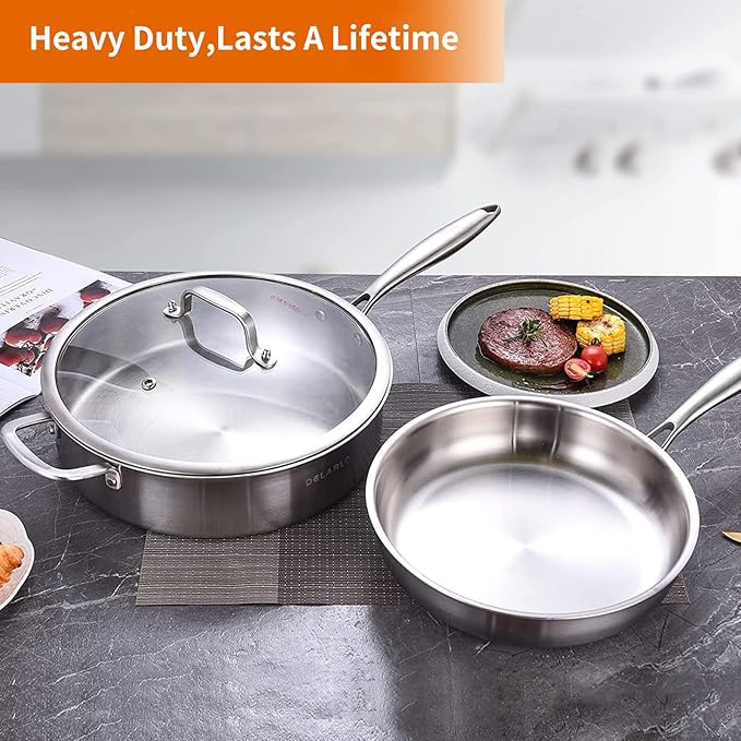 DELARLO Tri-Ply Stainless Steel Saute Pan Set With Lid Kitchen Cookware Set,Frying Pan Set Heats quickly Cookware, Suitable for All Stove Kitchen, Pots and Pans set