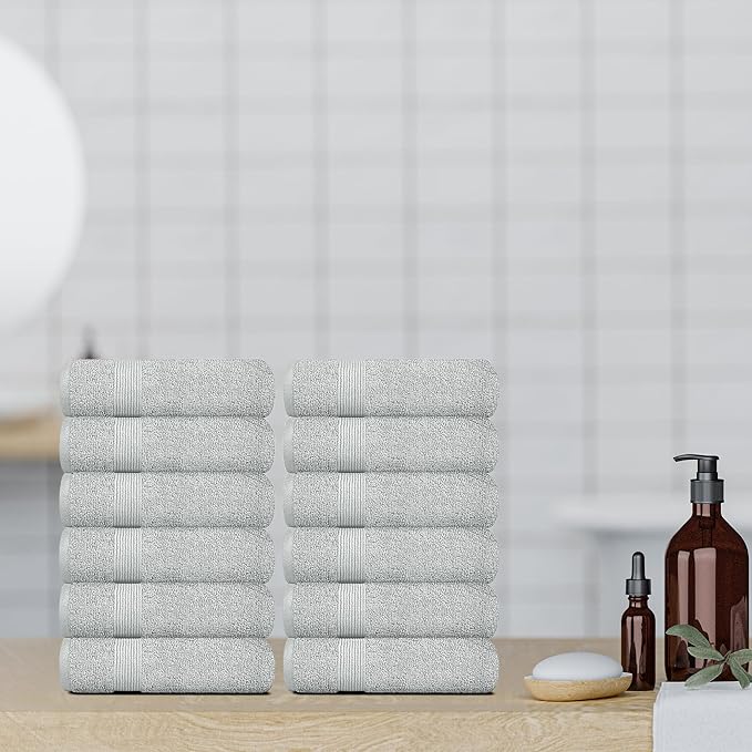White Classic Resort Collection Soft Washcloth Face & Body Towel Set | 12x12 Luxury Hotel Plush & Absorbent Cotton Washclothes [12 Pack, Dolphin Grey]