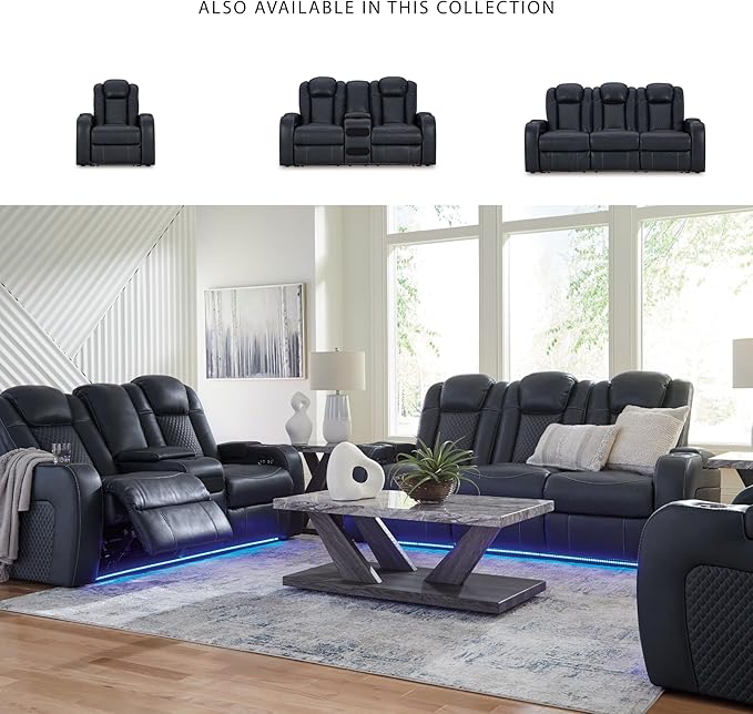 Signature Design by Ashley Fyne-Dyme Contemporary Power Reclining Loveseat with Console, USB Charging Ports and Adjustable Headrest, Blue