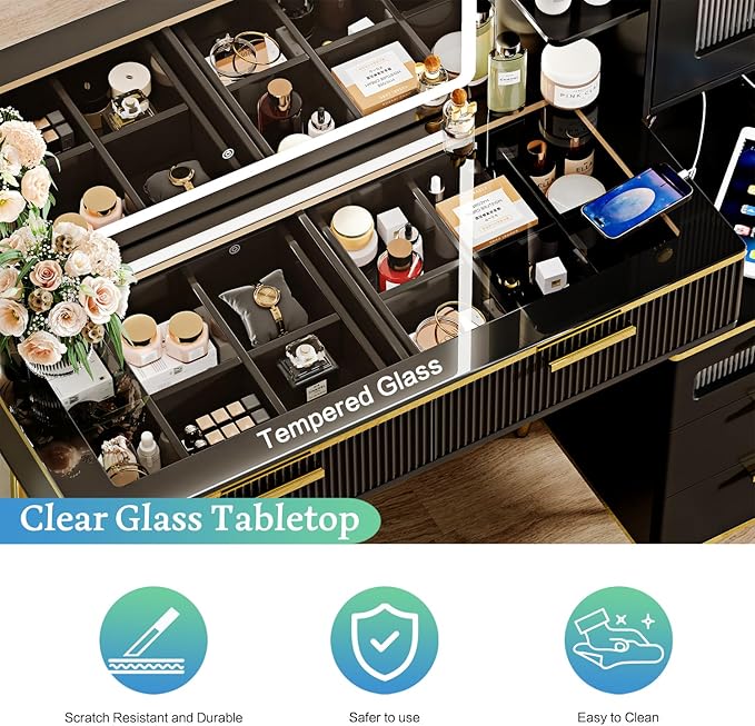 Vanity Desk with 29.53" HD Lighted Mirror, 47.24" Big Modern Vanity Desk with Mirror and Lights, Makeup Vanity with 5 Drawers and Storage Shelves and Charging Station, Black