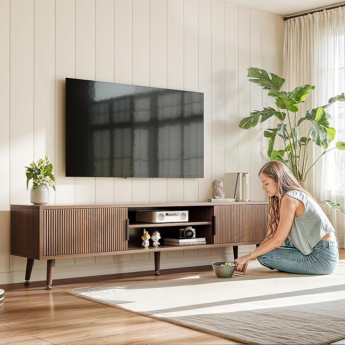 Mid Century TV Stand, Modern TV Console for TVs up to 70 Inches, Entertainment Center with Storage, TV and Media Consol, 62 Inch (Walnut)