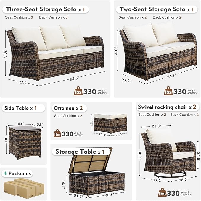 Patio Furniture Set with Swivel Rocking Chairs, 8 Pieces Patio Conversation Set, Outdoor Wicker Sofa Couch with Waterproof Cushions for Lawn Backyard Porch (Brown)