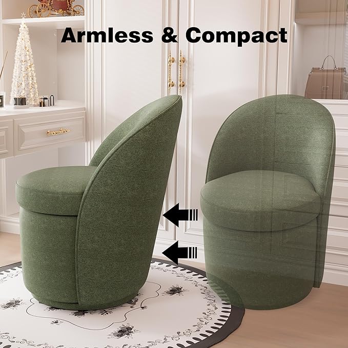 YOUNIKE Vanity Bench Boucle Fabric Green Solid Wood Swivel Accent Chair with Backrest Easy Assembly Dressing Stool for Bedroom & Makeup Room
