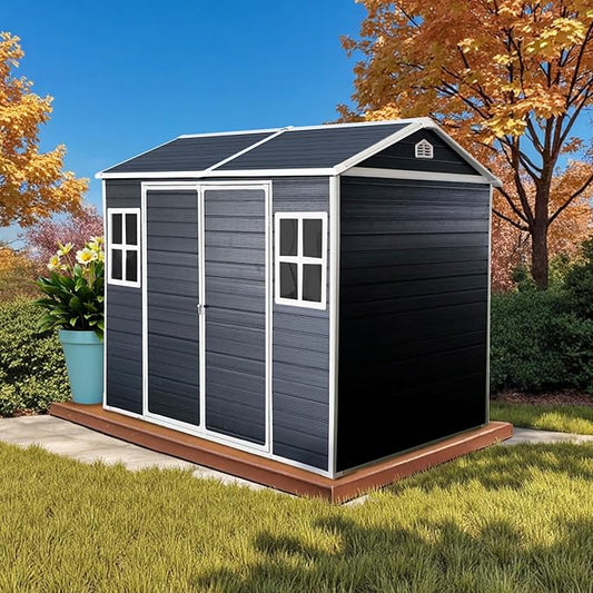8' x 7' Resin Storage Shed Outdoor, PP Material & Strong Structure for All Weather, Plastic Garden Shed w/Window for Garden, Backyard, Poolside and Lawn, 15mm Thick PP Board - Dark Grey