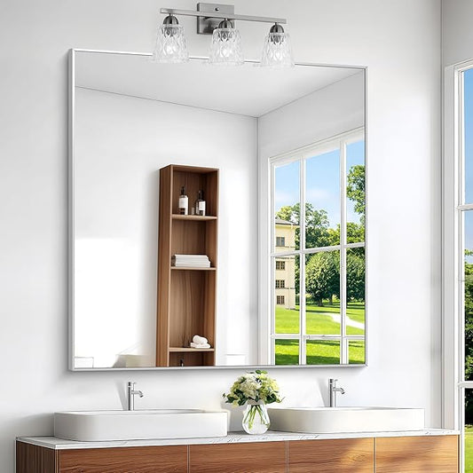 BONEWEI Silver Bathroom Mirror,48x48 inch Wall Mirror for Bathroom Wall Mounted,Large Rectangle Mirror for Bathroom Over Sink,Modern Metal Frame for Living Room,Bedroom Entryway,Horizontal/Vertical