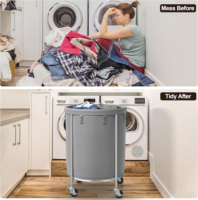 ELYKEN Laundry Basket with Wheels, 45 Gallons Rolling Laundry Hamper with Removable Bag and Steel Frame, Round Laundry Cart with 4 Casters, Ideal for Bedroom, Bathroom, Laundry Room, Gray