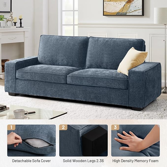 EASELAND 89" Modern Sofa Couch for Living Room, Chenille Sofa Couch with Wide Armrest,3 Seater Deep Seats Sofa Couch with Removable Cover Easy to Install（Blue