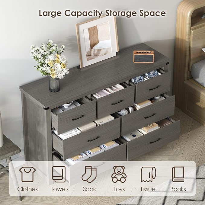 Farmhouse 7 Drawer Dresser for Bedroom, 51" Wide Chest of Drawers, Wooden Dresser TV Stand, Storage Dressers Organizer for Bedroom, Living Room, Hallway, Grey