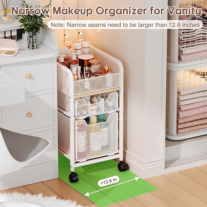 Rolling Makeup Cart Organizer with 2 Drawers, Narrow Floor Skincare Organizers, Vanity Organizer Cosmetics Display Cases Holder for Skin Care Nail Polish Perfume Makeup Brush, White