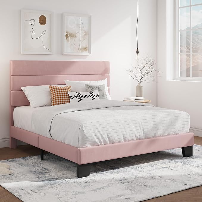 SHA CERLIN Full Platform Bed Frame with Velvet Upholstered Headboard, Mattress Foundation with Strong Wooden Slats Support, No Box Spring Needed, Pink