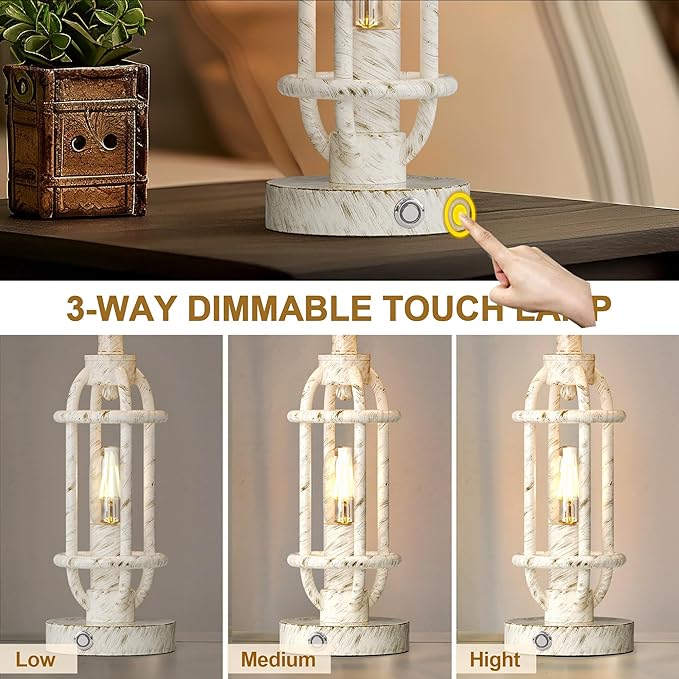 23.75'' Table Lamps Set of 2 for Living Room Bedroom Industrial Farmhouse Metal Touch Lamps with USB A+C Ports, Night Light Vintage Nightstand Bedside Lamp, Bulbs Included, White