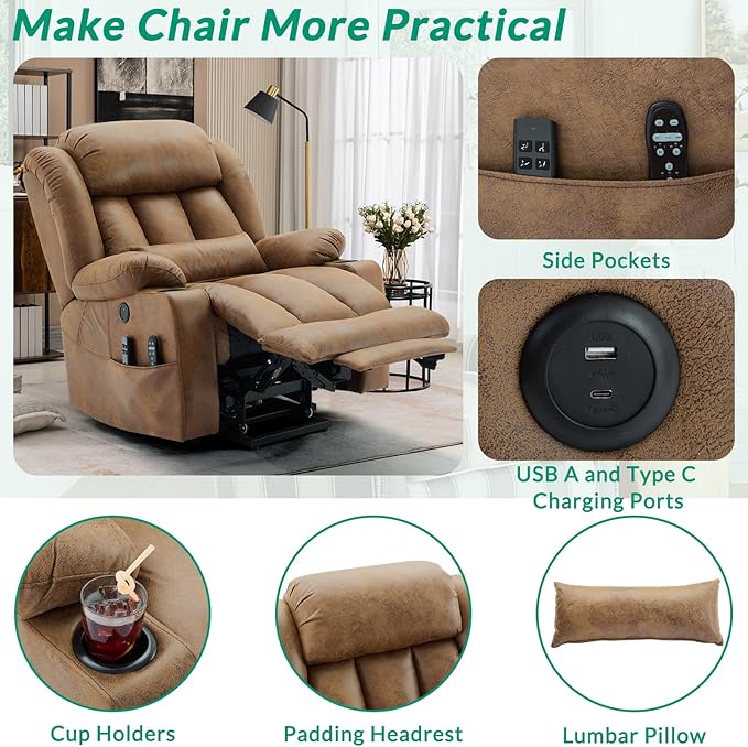 VIVIJASON Tall Man Large Dual Motor Power Lift Recliner Chair with Extended Footrest, Oversized Lay Flat Sleeper Electric Recliner W/Heat & Massage, Lumbar Pillow, USB & Type-C Ports, Brown
