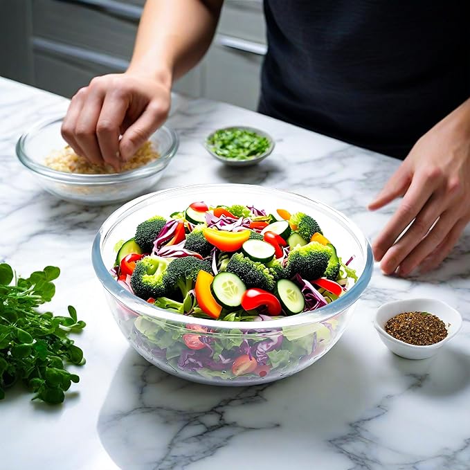 Mixing Bowls - 6 Quarts Glass Mixing Bowls - Salad Bowl With Serving Utensils - Microwave And Freezer Safe Bowls For Kitchen
