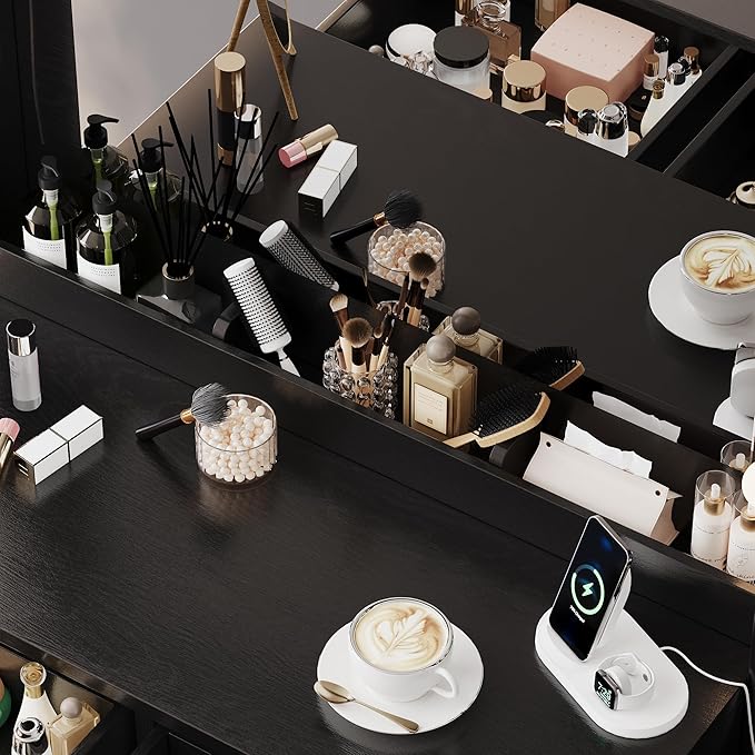 Makeup Vanity with Lights & Charging Station, Black Vanity Table with 5 Drawers & Open Storage Shelves, Bedroom Makeup Dressing Table Set for Women Girls Golden Handles