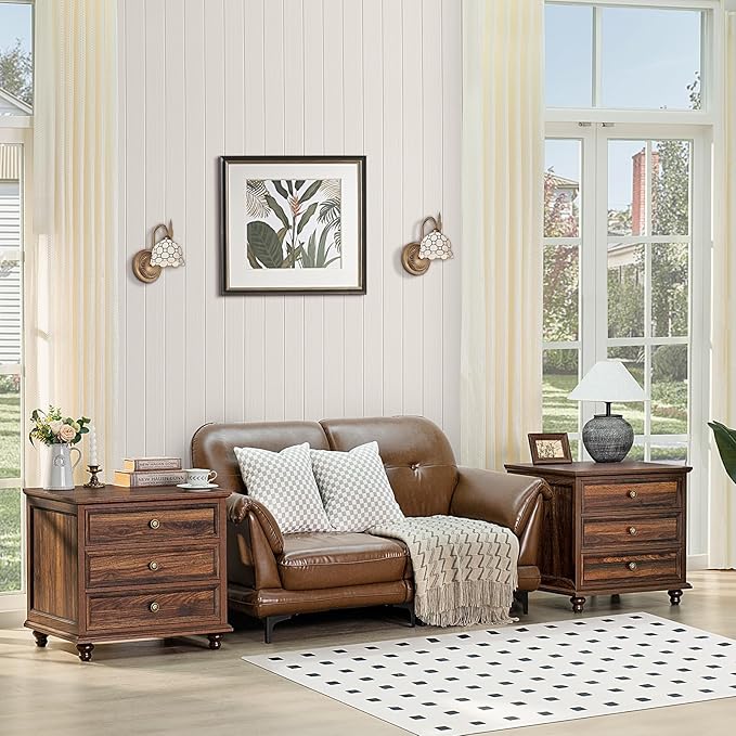 24" Wide Farmhouse Night Stand,Large End Table with 3 Drawers & Metal Handle,Dresser for Bedroom, Wood Bed Side Table Chest of Drawers Cabinet, Retro Brown Nightstand for Living Room,Closet