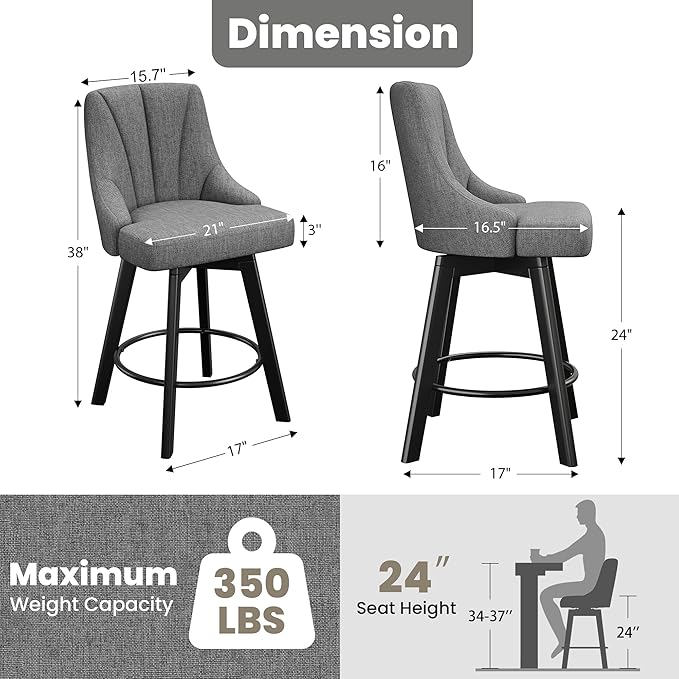 Swivel Bar Stools with Backs, 24" Counter Height Bar Stools Set of 8, Fabric Upholstered Counter Barstools with Solid Wood Legs for Kitchen Island, Home Bar, Dark Gray