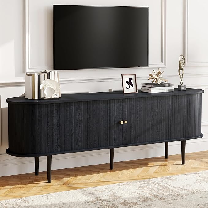 AMERLIFE 70" TV Stand with Solid Wood Legs, Mid Century Modern TV Console with Tambour Door for 80-inch TV, Dust-Proof Storage Cabinet for Living Room, Embossed Black