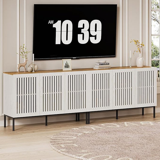 Farmhouse TV Stand for 100 Inch TVs, 2-in-1 Entertainment Center with Storage Cabinets & Metal Base, Antique White Media Console for Living Room