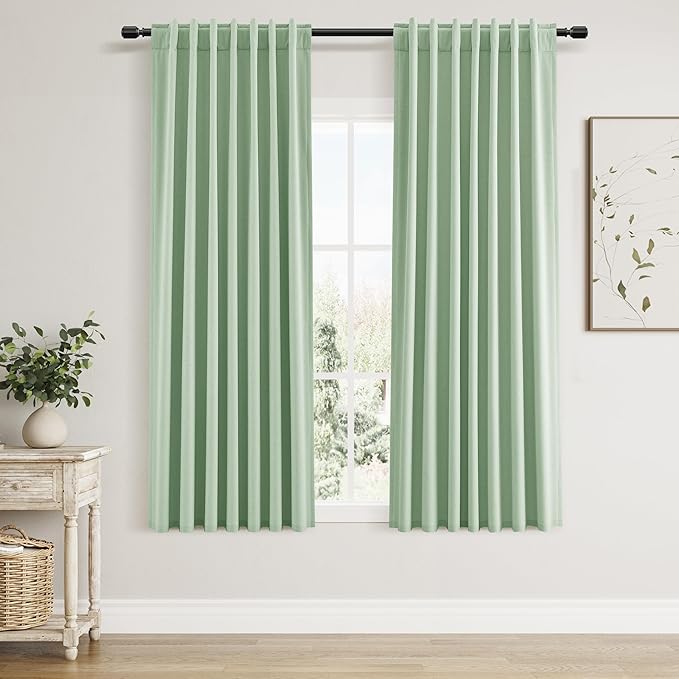 Guken Blackout Curtains 63 Inch Length 2 Panels Set for Living Room Bedroom Back Tab Thermal Insulated 100% Black Out Linen Drapes Room Darkening Window Curtains 63 Inches Long,Aqua Green