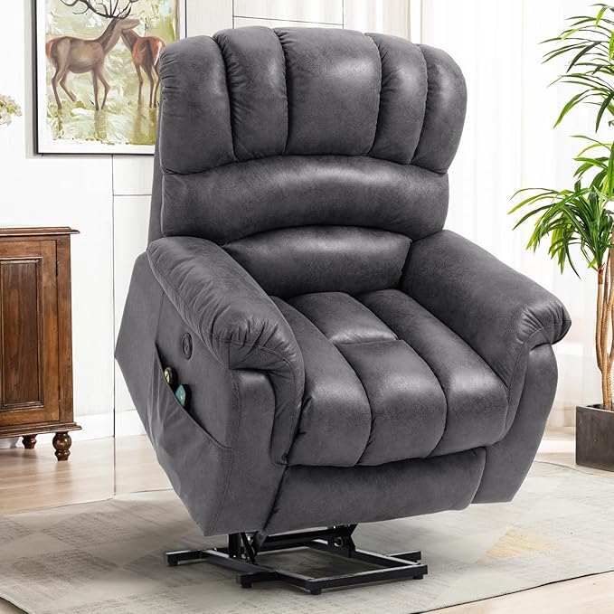 VIVIJASON Large Power Lift Electric Recliner Chair with Extended Footrest for Big Tall Elderly, Overstuffed Wide Lift Recliner with Heat & Massage, 2 Remote Controls, Side Pockets & USB Ports, Gray